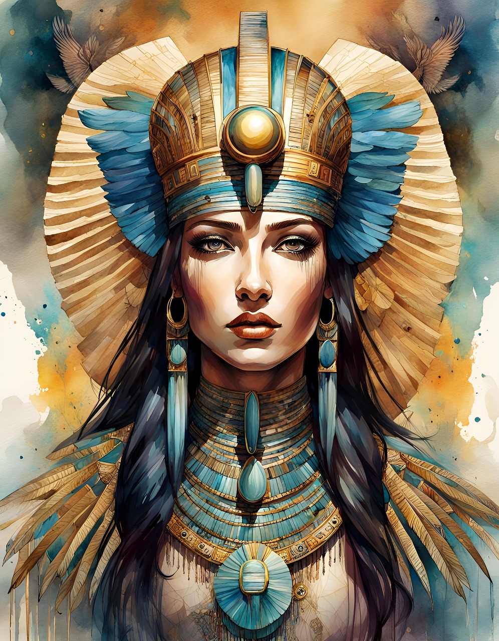 Isis déesse égyptienne — aquarelle dorée et turquoise